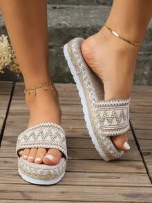 Giày sandal đế bằng dày mũi tròn Colorblock cho nữ, phong cách nghỉ dưỡng, giày sandal đế bằng dệt màu trắng cho mùa hè - trắng - Xem 5