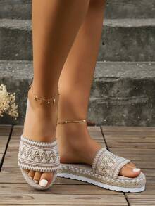 Giày sandal đế bằng dày mũi tròn Colorblock cho nữ, phong cách nghỉ dưỡng, giày sandal đế bằng dệt màu trắng cho mùa hè - trắng - Xem 4
