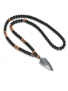 1入Vintage雞翅木黑色有珠石男士箭頭吊墜項鍊, 適合男士日常佩戴 - 黑色 - 查看 7