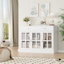 Furchen Credenza Cucina, Mobile Cucina Dispensa, Buffet Mobile, Credenza, Vetrina da Soggiorno, con 3 Ante in Vetro, 2 Cassetti, Ripiani Regolabili, Legno e Vetro, Bianco, 120x40x84 cm