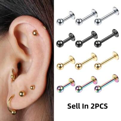 HENGKE 2PCS Surgical Steel Lip Ring Labret Piercing Ear Stud Tragus Ball Plain Body Piercing Jewelry 3mm Black Gold Color