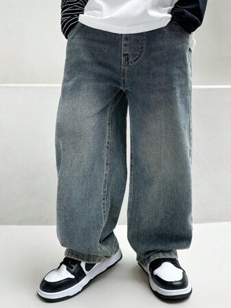 zosee 2024年少年潮流款復古洗水直筒牛仔褲，春秋新款兒童時尚長褲