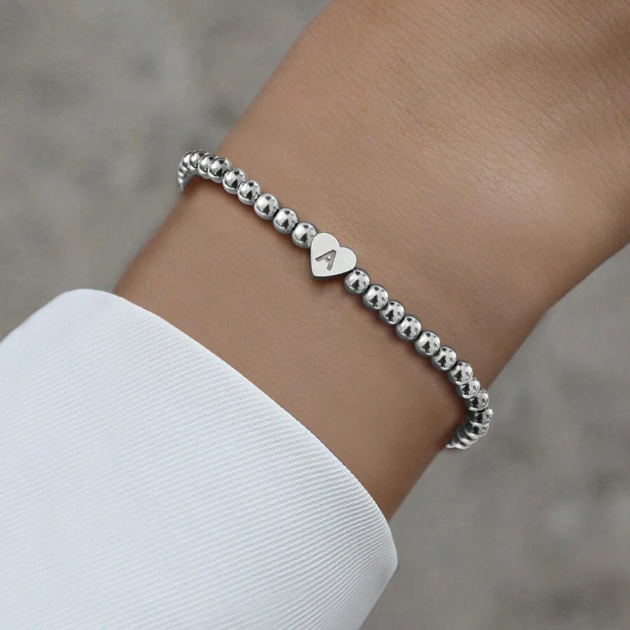 Vòng tay hạt cườm hình trái tim A-Z kiểu cổ điển mới, vòng tay trang sức thủ công, quà tặng cho phụ nữ, quà tặng ngày Valentine. - Hạt đồng bạc - Xem 1
