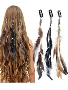 3 pezzi Fermagli per capelli con piume, Fasce boeme, Estensioni per capelli stile pettine fatte a mano stile hippie, Accessori per capelli per donne e ragazze, Fasce per capelli da spiaggia estive, Vacanze, Viaggi - Marrone ruggine - Visualizzare 3