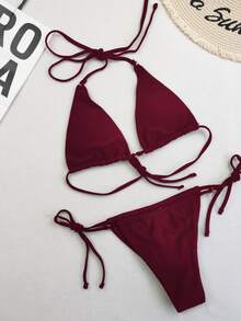 女士性感聚拢可调节肩带两件套比基尼套装夏季 - 酒紅色 - 查看 4