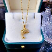 1 件可爱闪亮水钻海豚吊坠项链，时尚海洋风格奢华项链，送给女孩的完美礼物 - 金色 - 查看 1