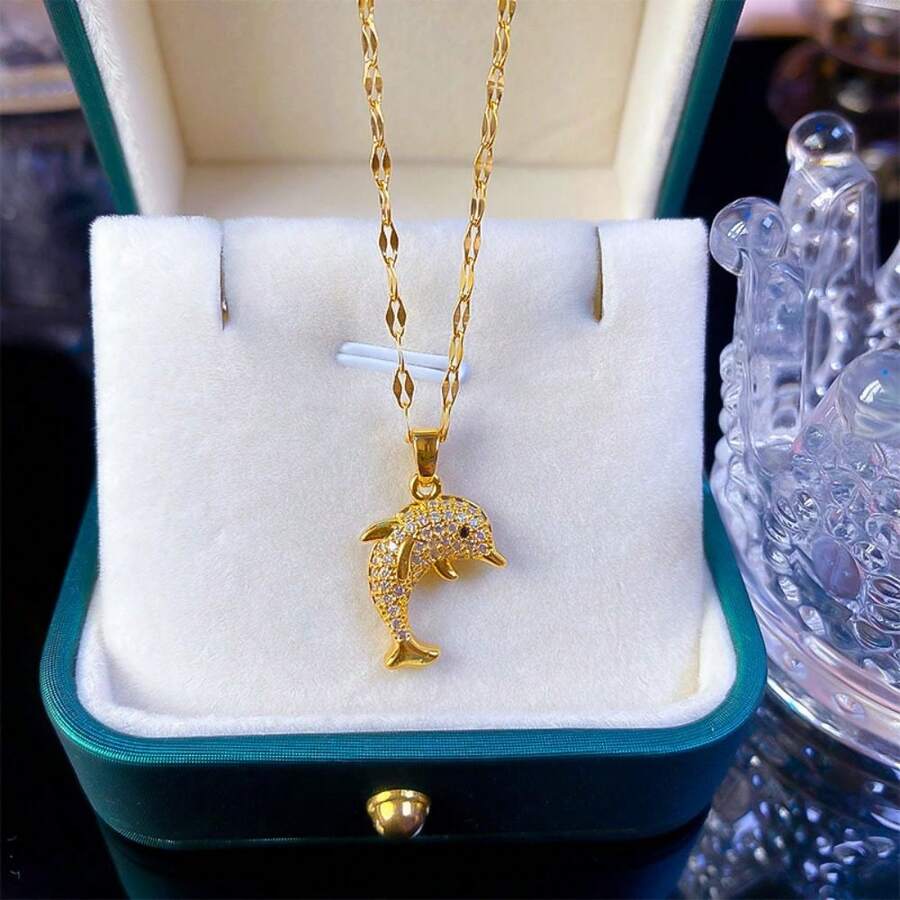 1 件可爱闪亮水钻海豚吊坠项链，时尚海洋风格奢华项链，送给女孩的完美礼物 - 金色 - 查看 1
