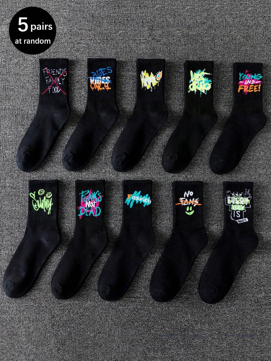 5双随机款式创意涂鸦个性中筒袜适合日常穿着/情侣穿着 - 黑色 - 查看 1