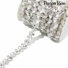 Perlon Joon 1碼葉片清潔玻璃水晶鏈鑲嵌銀水晶鍊裝飾婚紗配件 - 銀色 - 查看 3