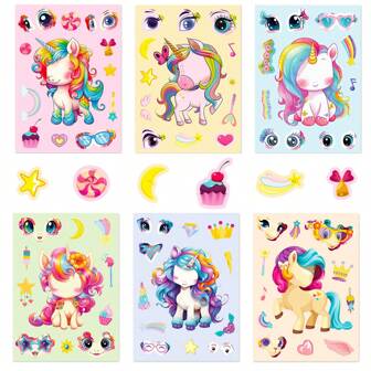 6 件儿童脸部贴纸，制作您自己的 6 种不同彩虹独角兽设计贴纸，有趣的拼装拼图贴纸，适合儿童生日派对礼物，早期教育玩具礼物