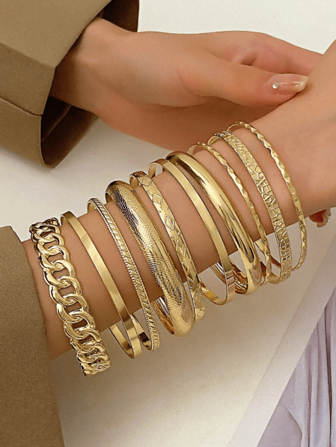 10 pièces Ensemble de bracelets larges vintage pour femmes, pour le port estival, la plage, surface lisse dorée, bijoux pour femmes, fête des mères, Pâques, cadeau