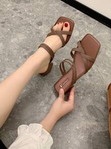 New Fashion Simple Style Soft Insole All-Match Anti-Slip Women's High-Heeled Sandals With Thick Heels & Wide Strap For Outdoor Activities Like Beach And Party - Brown - View 5