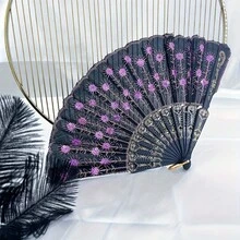 1片優雅豪華的女士折疊閃片繡花塑料扇，適用於復活節、音樂節、母親節、舞台表演和派對派對 - 多色 - 查看 5