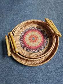 1個藤製托盤,雙層手編柳籃,竹編托盤適用於辦公桌、美容院裝飾、晚宴聚會、隔熱墊,是家庭廚房用品的完美選擇 - 彩色 - 查看 6