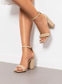 Women High Heel Sandals Braided Open Toe Ankle Strap Chunky Heeled Sandals Party Wedding Dating Dress Pumps Shoes, For Daily,Vacation - Damasco - Visão 4