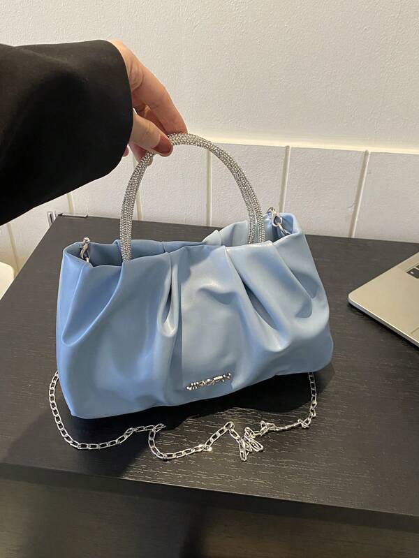 Fashionable All-Match Women's Solid Color Pleated Shoulder Bag With Chain Handle