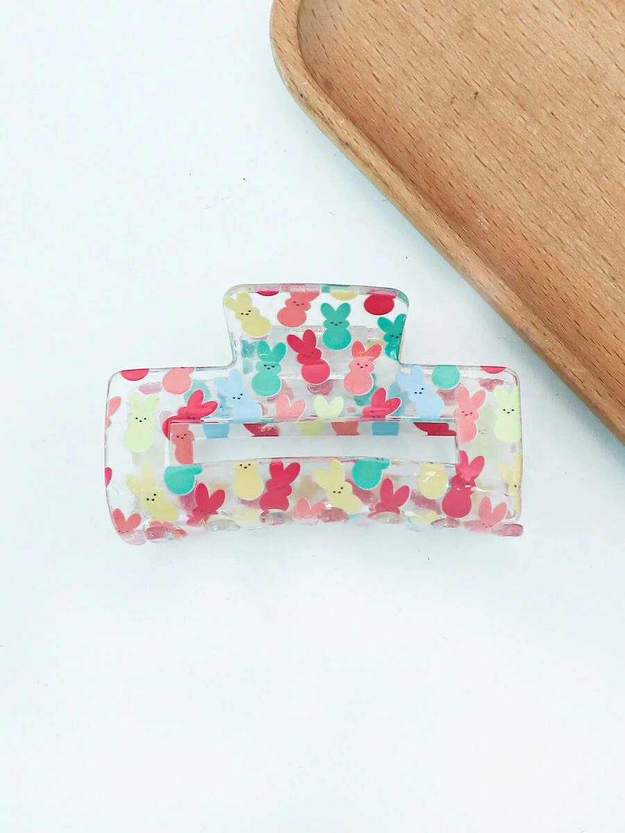1只中號紅色亞克力方形可愛兔子印花中空夾髮鉤 - 彩色 - 查看 1