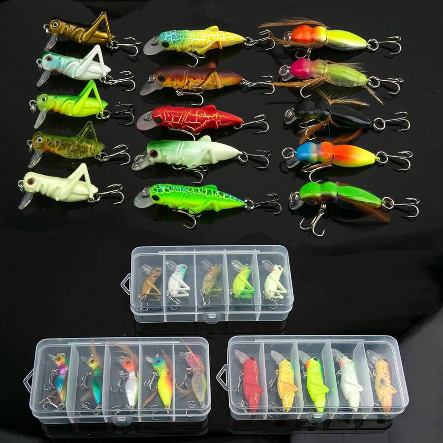 5入組3種類型的假餌,模擬蚱蜢和螳螂等生物- 包括收納盒和釣魚配件,非常適合釣蟹！ - 彩色 - 查看 1