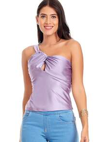 Stretch Satin One-Strap Blouse With Drop Neckline With Pleated Chest For Women B91-21