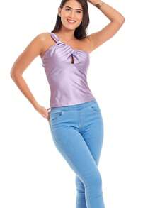 Stretch Satin One-Strap Blouse With Drop Neckline With Pleated Chest For Women B91-21