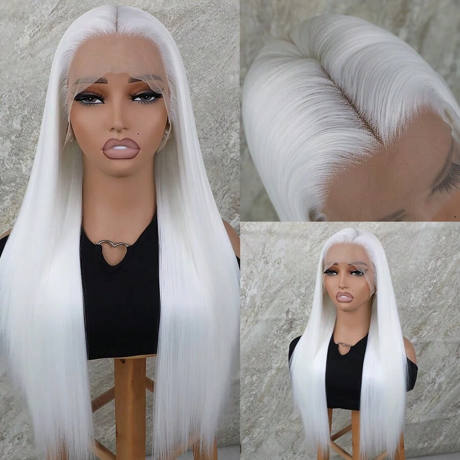 Lace Front Wigs Synthetic 13x4 Long Silky Straight White Color Hair Heat Resistant Fiber Glueless Frontal Lace Replacement Wig Pre Plucked With Baby Hair Natural Hairline 26 Inches HD Transparent Lace Free Part For Fashion Women Girls Party Vacation Makeup Use Daily Wear - 白色 - 查看 1