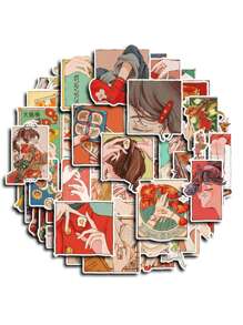 50 张复古日式女孩插画贴纸、浪漫假期、漫画、花卉设计空白空间日记装饰材料纸、办公室和文具、派对礼品、卡片制作、剪贴簿、DIY 纸艺装饰、学校用品、返校 - 彩色 - 查看 3