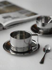 1set/2set Coffee Cup Saucer Set Retro Stainless Steel Coffee Cup Exquisite Posing Vlog Afternoon Tea Cup - 銀色 - 查看 8