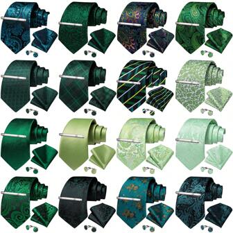 Men Silk Ties Green Solid Paisley Striped Floral Tie Necktie Set With Silver Clip Wedding