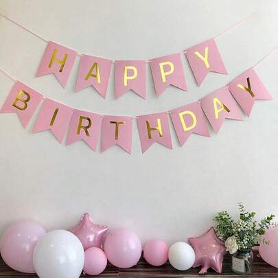 1 Set Pink Happy Birthday Paper Pennant Banner With Modern Metallic Letter Graphic Decoration, Suitable For Birthday Party, Back To School Valentine Day