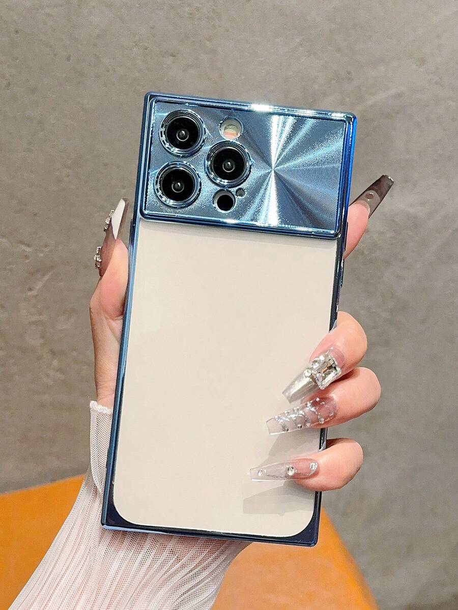 Square Transparent Electroplated Cd Texture Protective Phone Case With Large Window, Anti-Slip, Compatible With IPhone - Blue - View 1