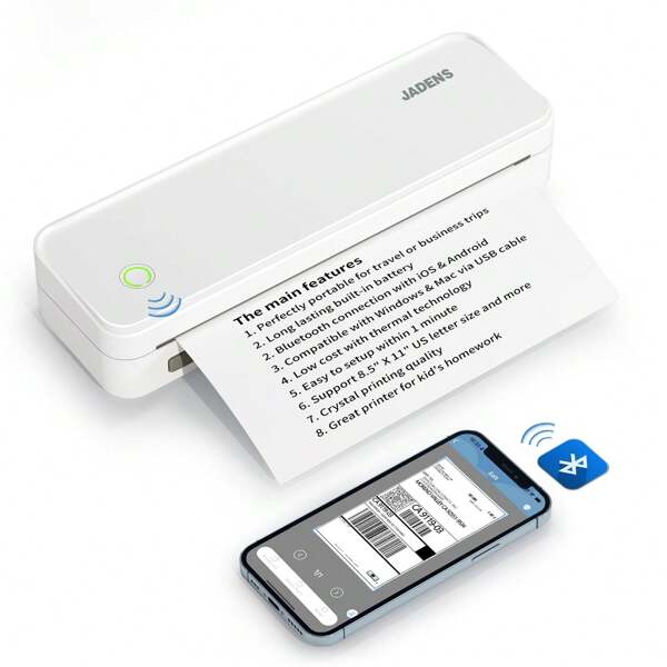 JADENS Impresora Térmica Portátil, Admite 210 x 297 mm A4, Impresora Portátil Móvil Bluetooth A4, Compatible con Android e iOS para Viajes y Computadoras Portátiles
