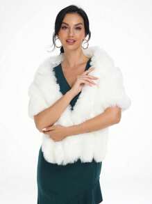 素色毛茸茸披肩圍巾 - 黑色 - 查看 5