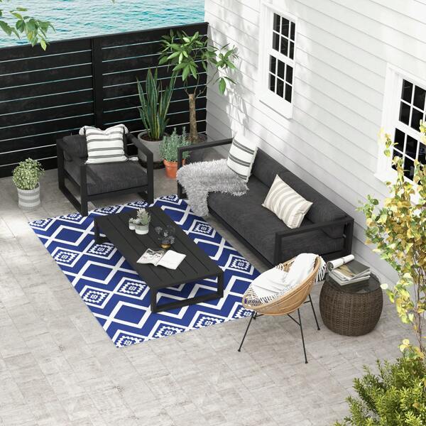Outsunny Outdoor-Teppich, Kunststoffteppich mit Tragetasche, Wasserabweisender Balkonteppich, für Camping, Terrasse, Blau+Weiß, 182 x 274 cm