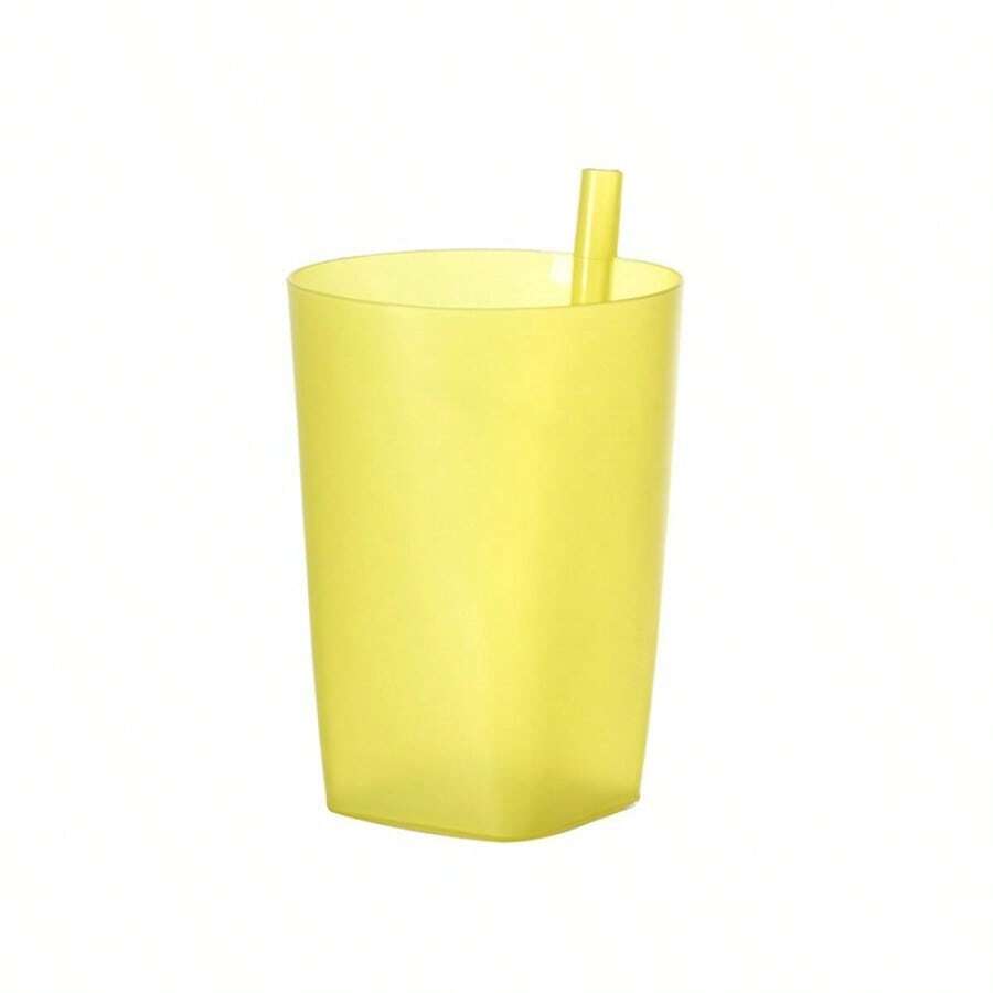 1pc Straw Cup All-In-One Plastic Cup Candy Color Home Casual Drinking Cup Children's Anti-Choking Straw Plastic Cup - Yellow - View 1