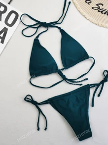 Women New Solid Color Sexy Push-Up Bandage Adjustable Beach Bikini Set Two-Piece Swimwear Summer