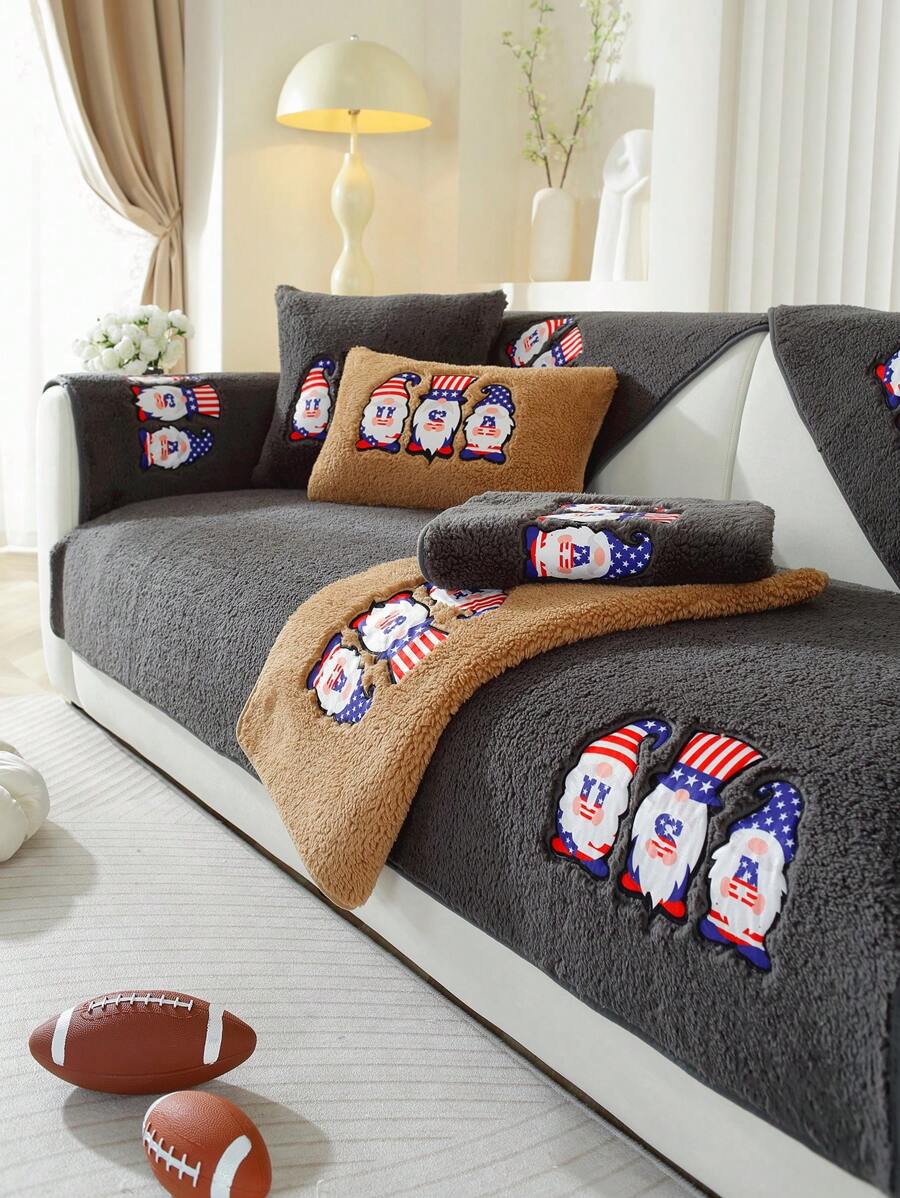 1pc Black Sherpa Fleece Sofa Couch Cover For Living Room - Black - View 1