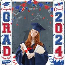 2 Pièces, Bannière De Panneau De Porche De Remise Des Diplômes 2024, Bannière De Porte De Panneau De Porche De Remise Des Diplômes Bleue Et Rouge, Drapeau De Bannière Suspendue De Félicitations De Classe De 2024 Pour L'obtention Du Diplôme De Lycée Et Université. Décorations De Fête - Multicolore - Voir 5