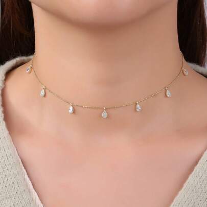 1pc Elegant Minimalist Fashion Copper Cubic Zirconia Water Drop & Round Pendant Necklace Choker, Versatile For Daily Wear, Gift For Girlfriend, Mom, Wife