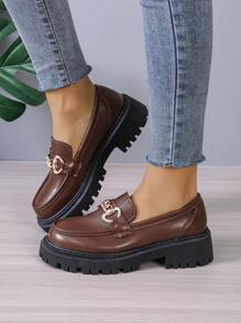 Women's Classic British Style Chunky Heel Slip-On Loafer Shoes With Thick Bottom For Spring & Autumn