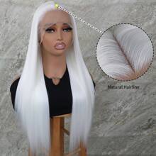 Lace Front Wigs Synthetic 13x4 Long Silky Straight White Color Hair Heat Resistant Fiber Glueless Frontal Lace Replacement Wig Pre Plucked With Baby Hair Natural Hairline 26 Inches HD Transparent Lace Free Part For Fashion Women Girls Party Vacation Makeup Use Daily Wear - 白色 - 查看 6