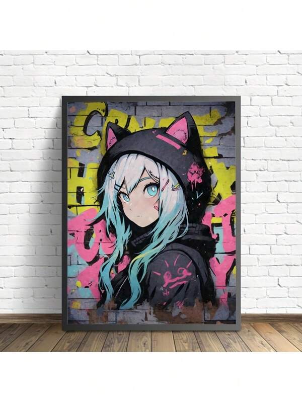 1pc Unframed Graffiti Style Canvas Wall Art Decor For Girls, Abstract Cartoon Vintage Artwork, Home Decoration, Anime Character Wall Painting, Suitable For Bedroom, Living Room, Gift For Boys And Girls
