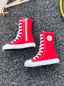 OPOEE Canvas Shoes, Mid-Top Sneakers For Children, Spring/Autumn, Korean Style, Unisex, Fashionable Low-Top, Casual Lace-Up Athletic Shoes, Classic High-Top Sneakers, All-Match Casual Sports Skateboard Shoes For Kids - 紅色 - 查看 3