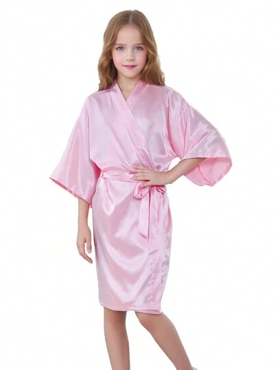 Tween Girls' Comfortable And Soft Japanese Style V-Neck Seven-Quarter Sleeve Solid Color Robe With Belt And Knee-Length Home Service