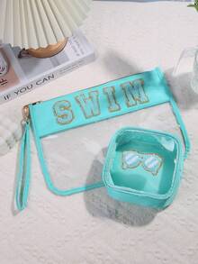 1套簡單防水半透明PVC毛巾刺繡字母化妝袋，多功能化妝包，包，母嬰包適用於日常，旅行，商務，度假