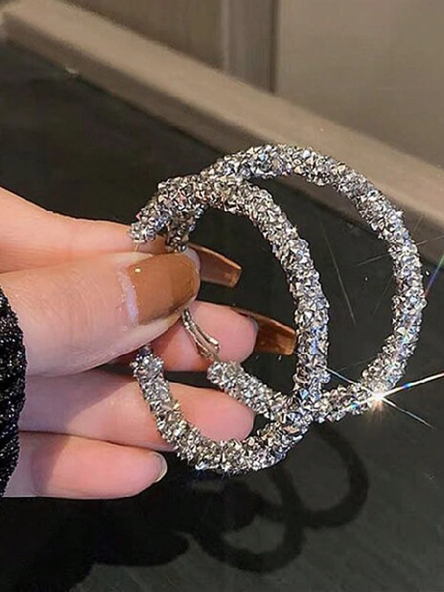 1對女士閃亮幾何大圈耳環時尚配飾 - 銀色 - 查看 1