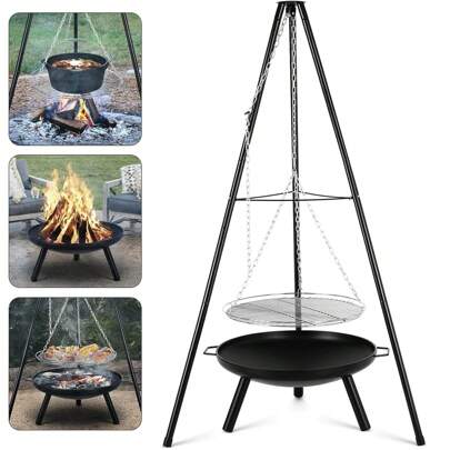 Svivelgrill med eldskål, svivningsgrill, kolgrill, inkluderar grillgaller, höjdjusterbar kedja och stativ (H: 152 cm), för utomhusgrill och uppvärmning