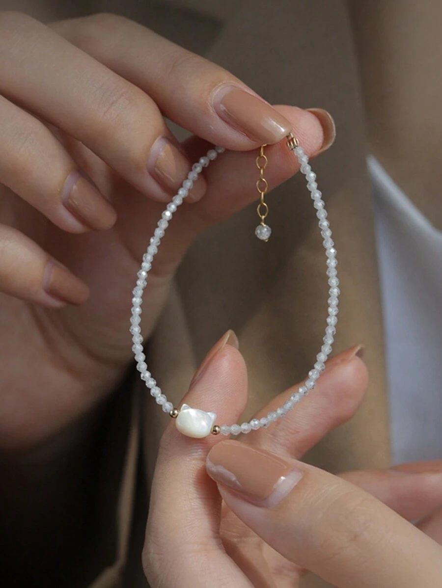 Nooxian 1 Miếng Mèo Đồ treo Pha lê trắng Vòng tay cườm ( Ngẫu nhiên Số Của Hạt )