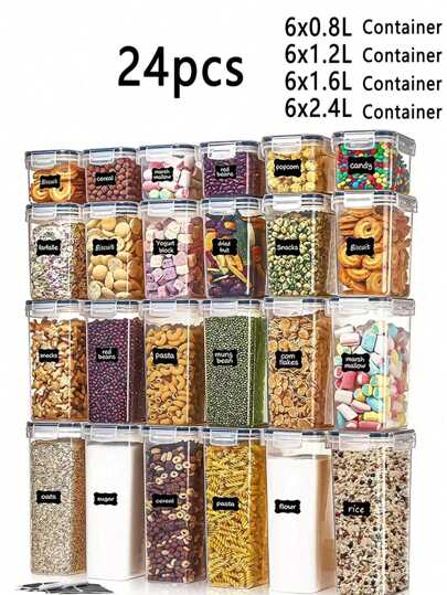 THELIFE 4/6/7/10/12/18/24pcs Airtight Food Storage Containers: Plastic Canisters For Spaghetti, Dry Food, Flour & Sugar - Includes Labels!