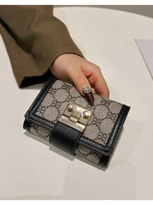 Portofel scurt pentru femei cu imprimeu cu flori negre Suport card antifurt pentru carte de credit La modă Lacăt pătrat auriu și sloturi multiple pentru card și design portabil Business Casual pentru femei Portofel Poșetă Portofel mic Portofel