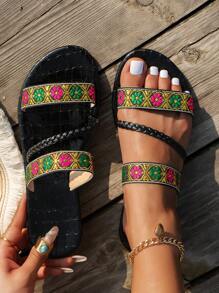Women's Floral Embroidered Woven Strap Slip-On Flat Slippers, Suitable For Casual Wear, Travel And Beach - Green - View 1
